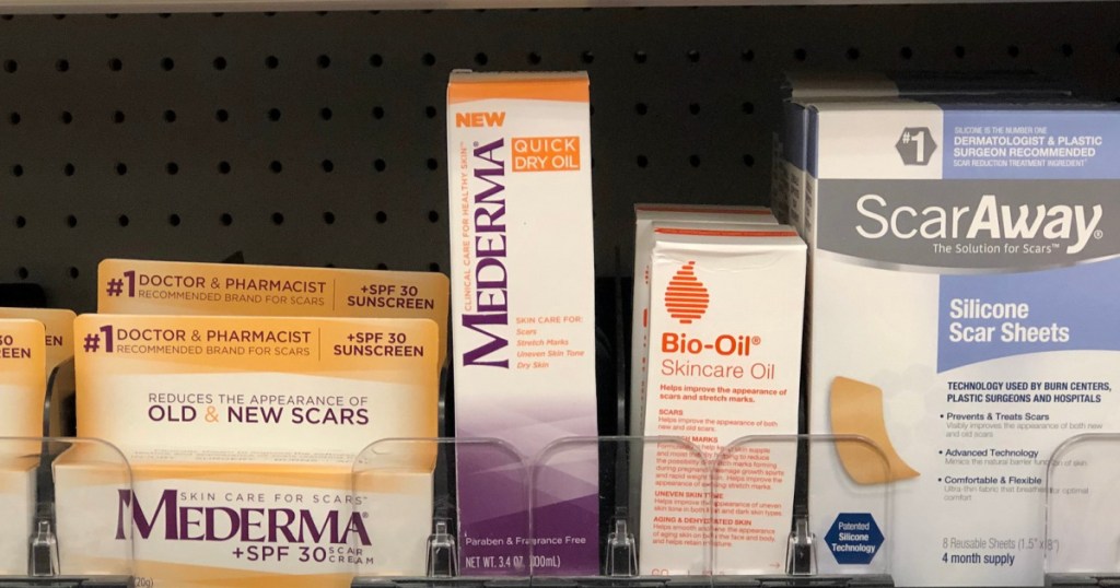 mederma quick dry oil on store shelf