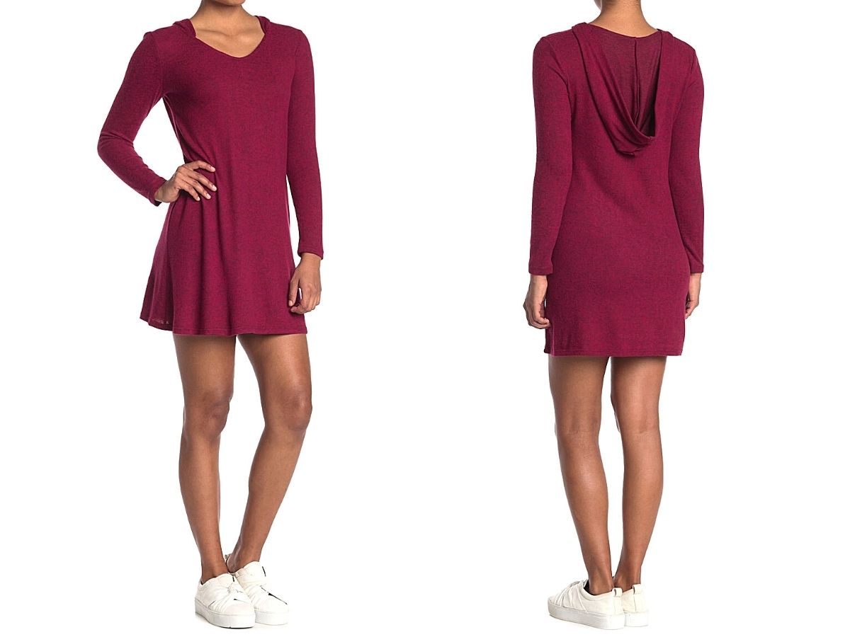 front and back view of short red dress