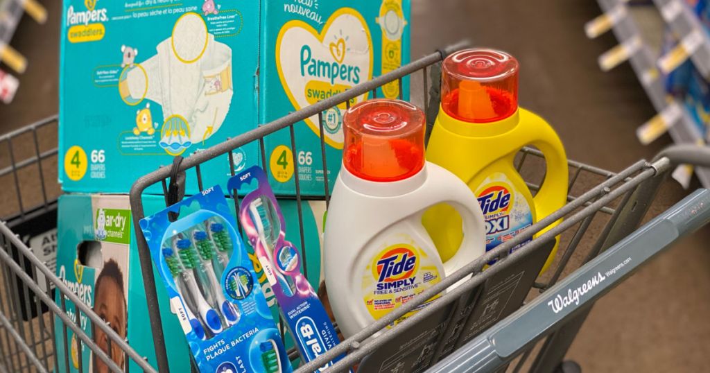 diapers, toothpaste and laundry detergent in cart 