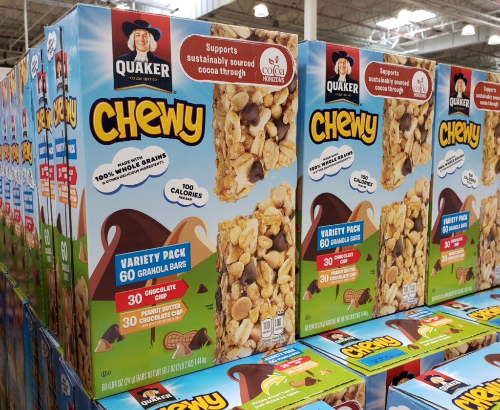 large variety packs of Quaker chewy bars in-store