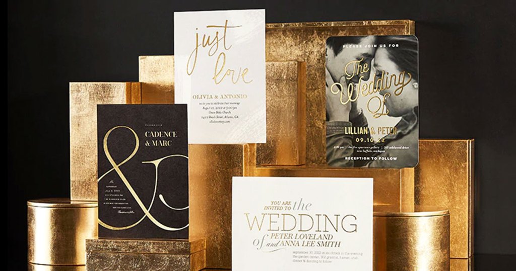 black, gold, and white shutterfly wedding announcement cards