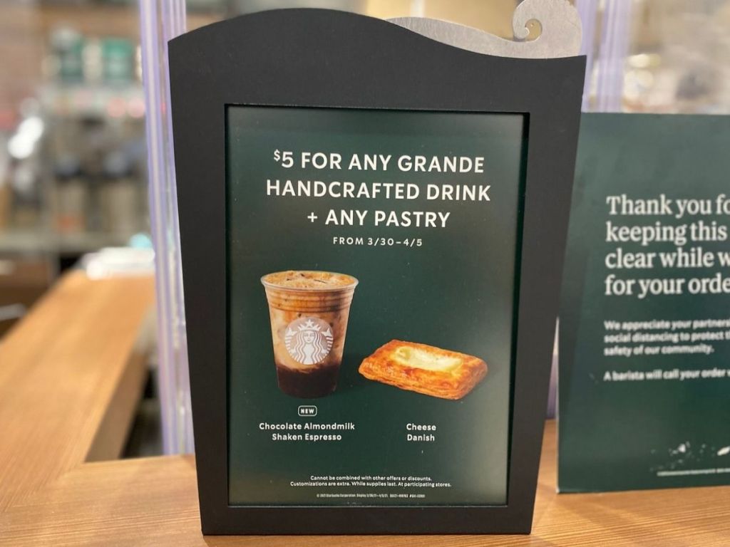 Starbucks Sign $5 grange beverage and pastry