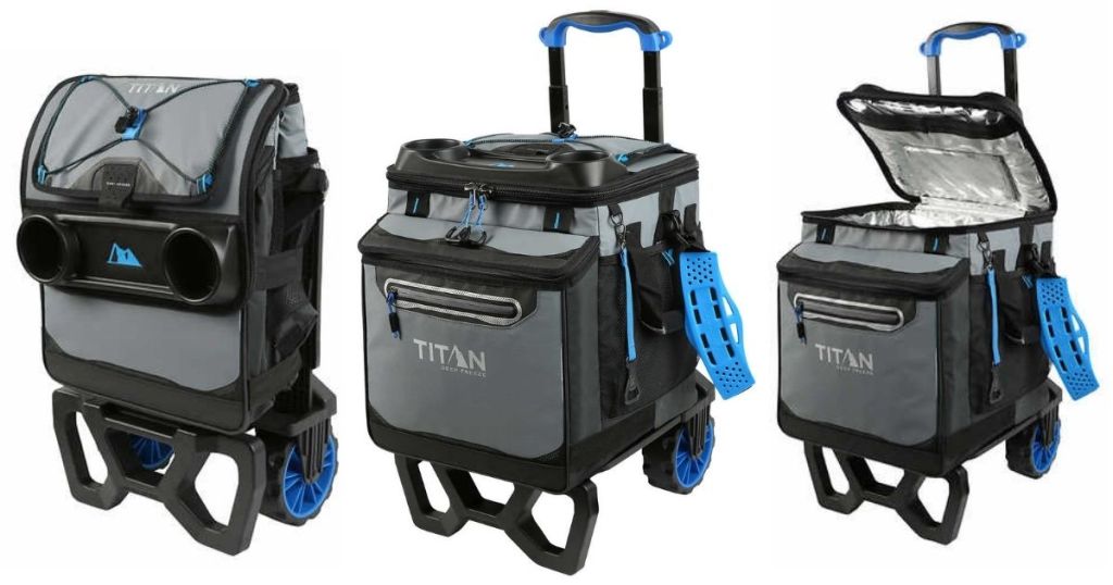 3 views of Titan DeepFreeze 60 Collapsible Rolling Cooler