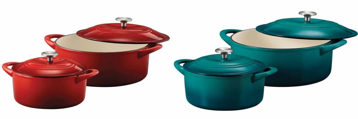 two stock images of dutch oven sets in red and teal blue