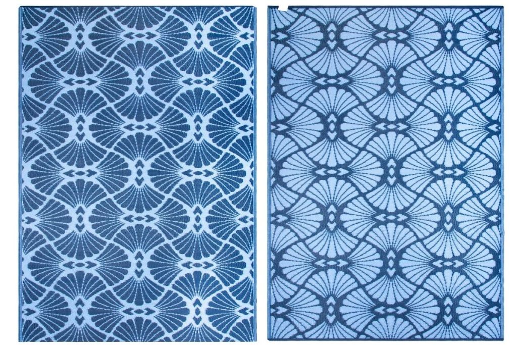 2 sides of World Market 6'x9' Blue Geo Promenade Reversible Floor Mat