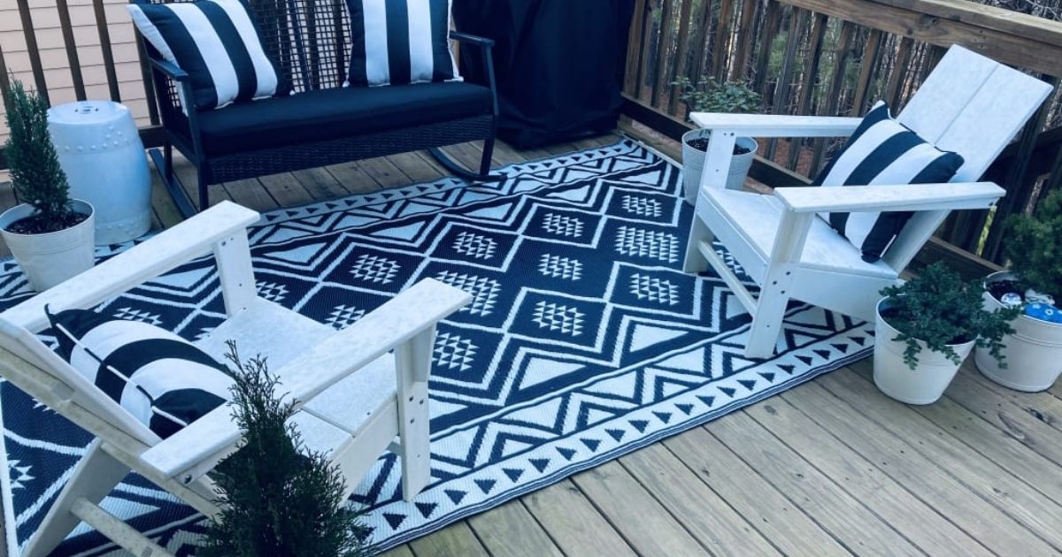 World Market Outdoor Rug on patio with furniture