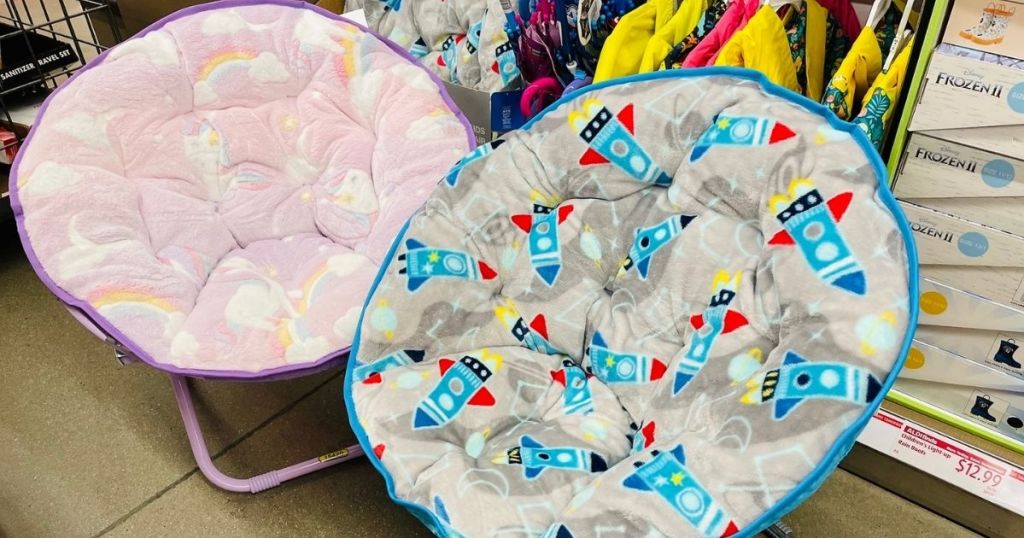 two kids chairs with rainbow and rocket patterns