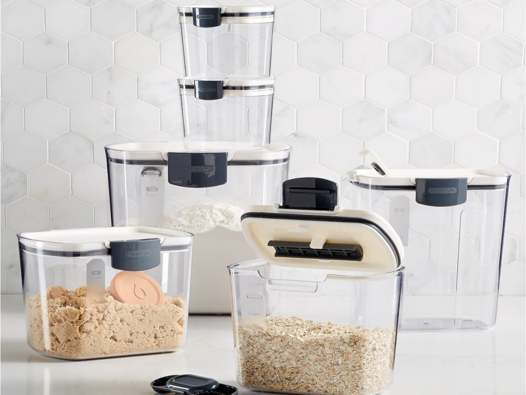 martha stewart baking items storage set. They are clear containers with lids. some are empty and some are filled.