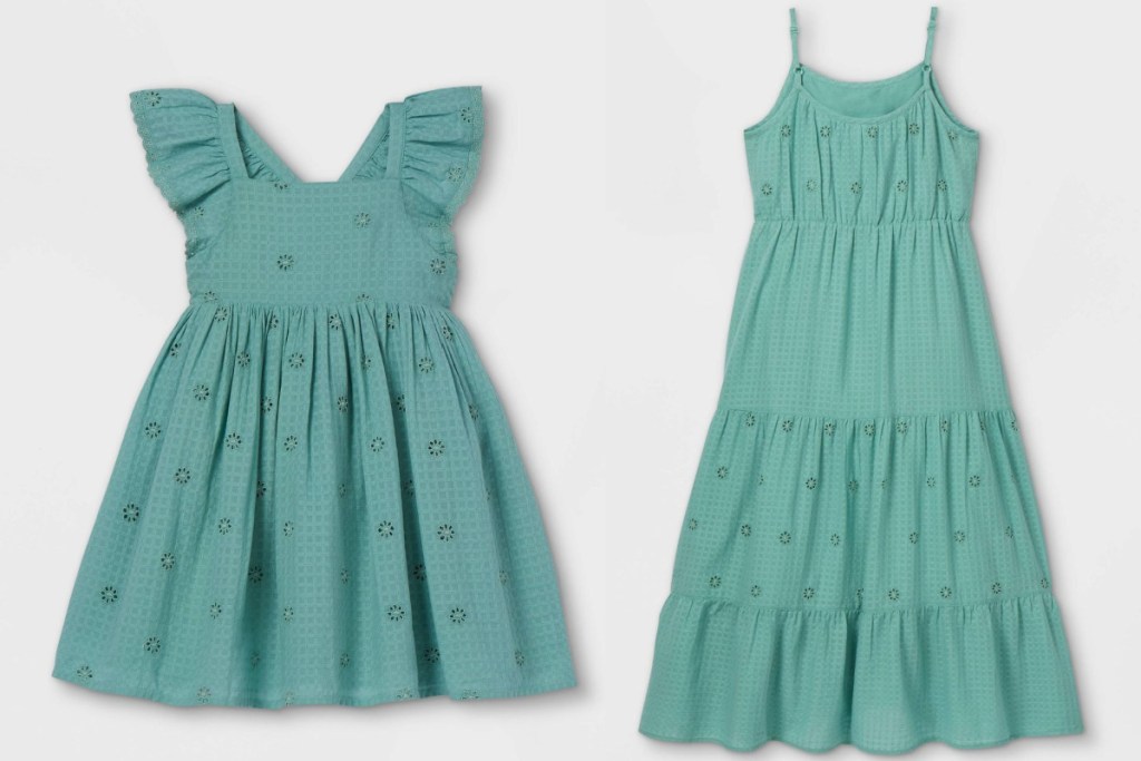 two matching teal ruffle dress