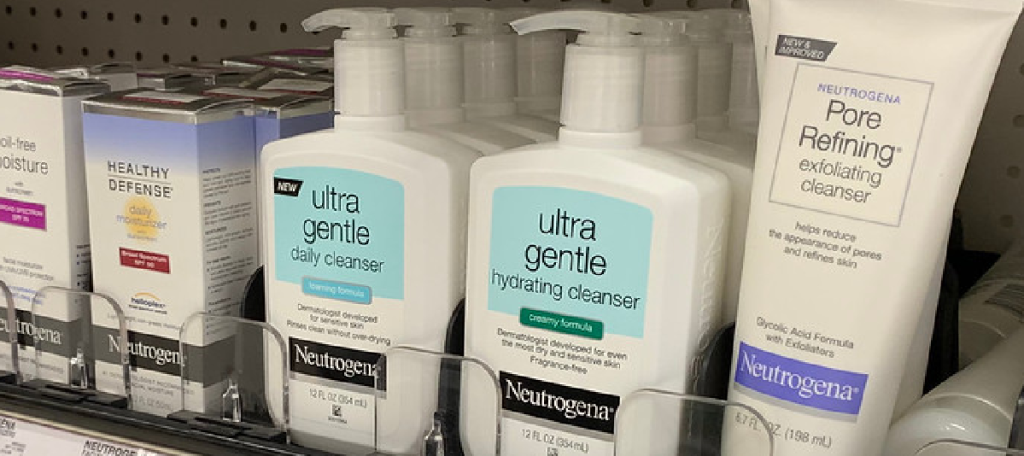 store shelf with face cleaning products on it