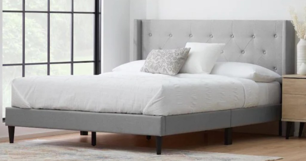 tufted light gray bed queen