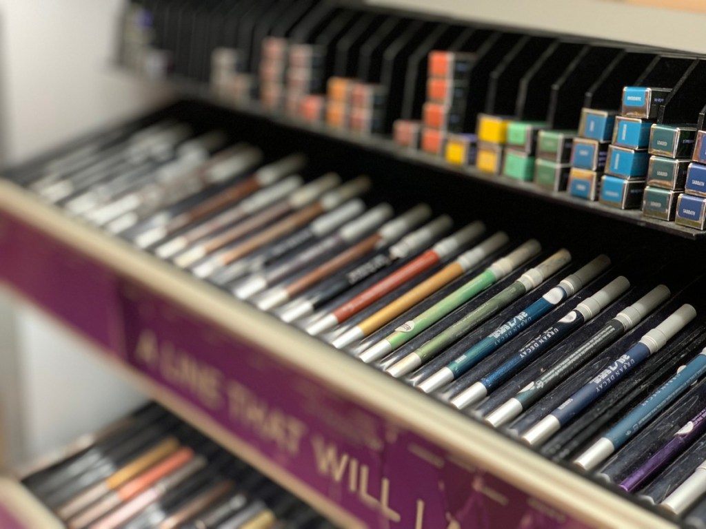 store display with make up lip pencils