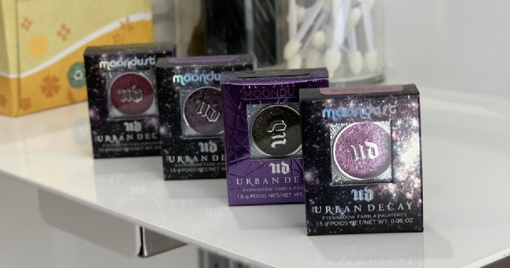 store display with eye shadow in packaging