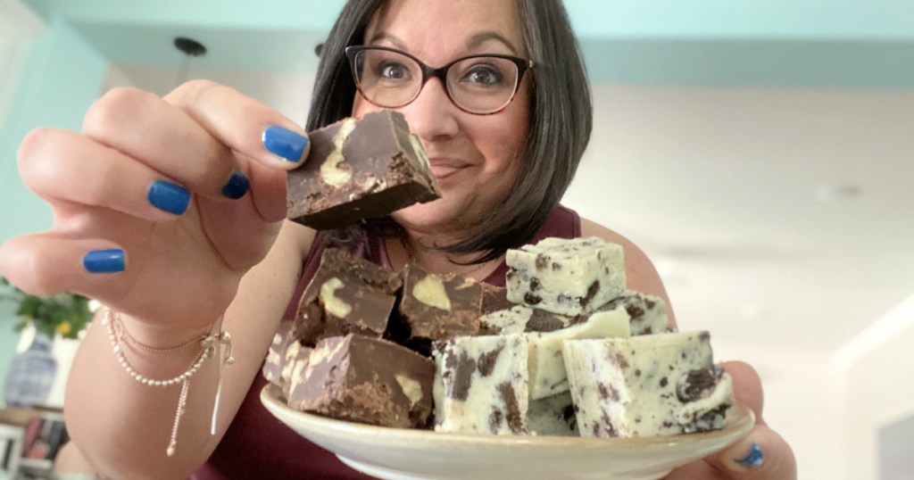 woman holding microwave 3 ingredient chocolate fudge