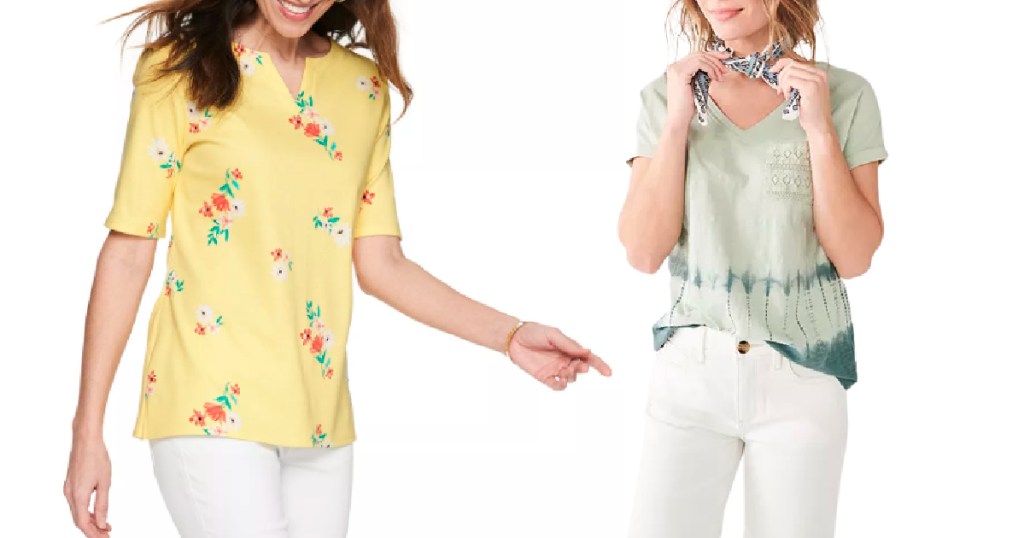 woman wearing floral blouse and woman wearing vneck tee