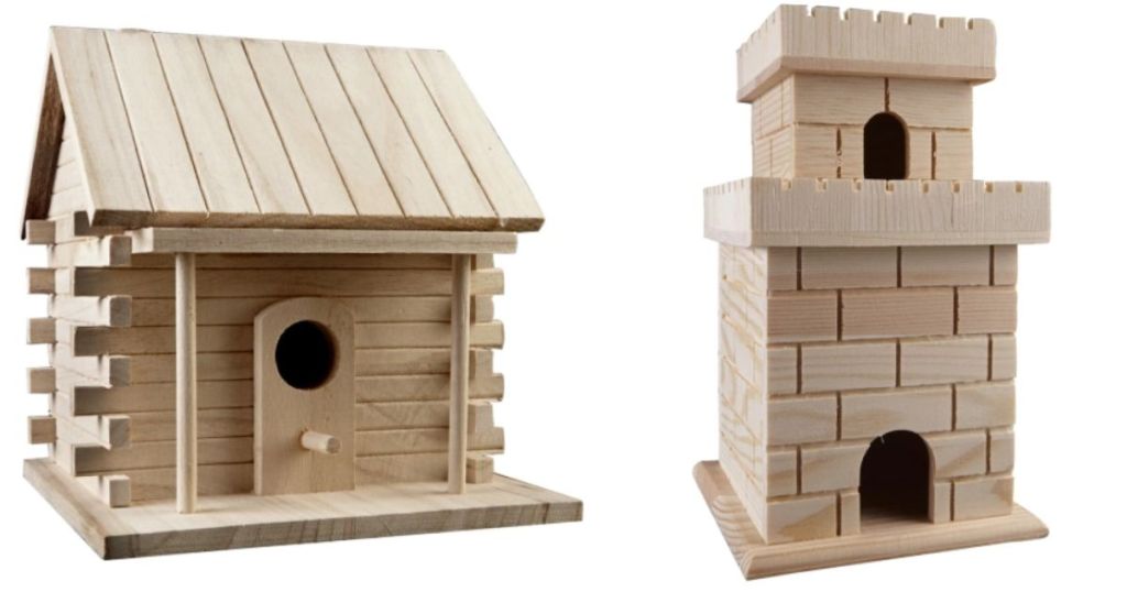 ArtMinds Ready-to-Paint Log Cabin and Castle Wooden Birdhouses