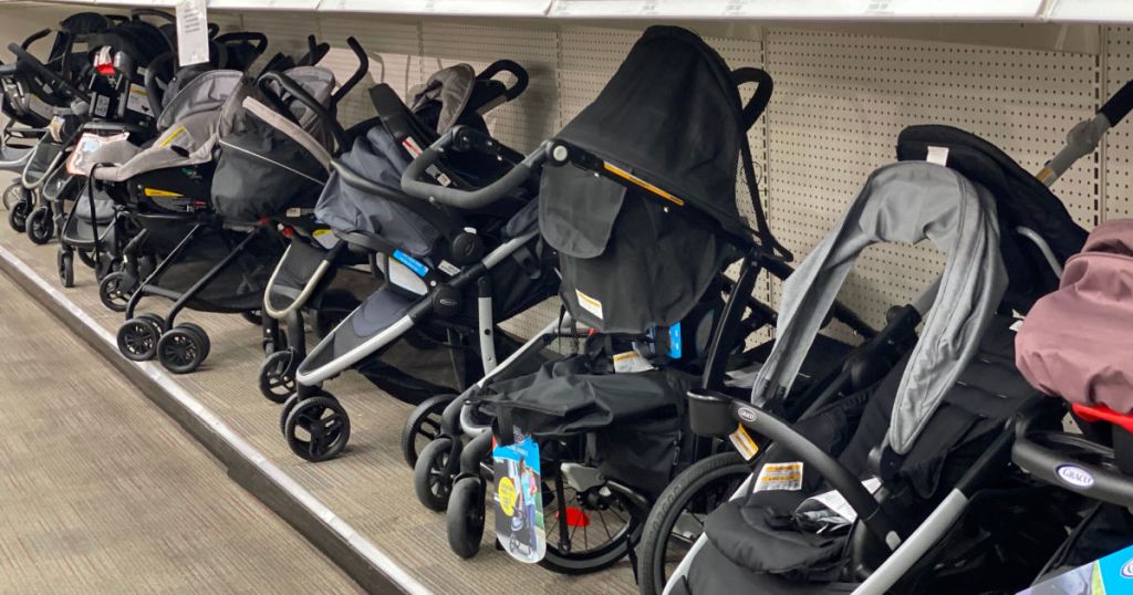 strollers on shelf