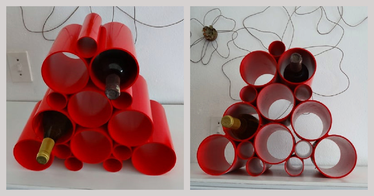 red PVC DIY wine rack with bottles 