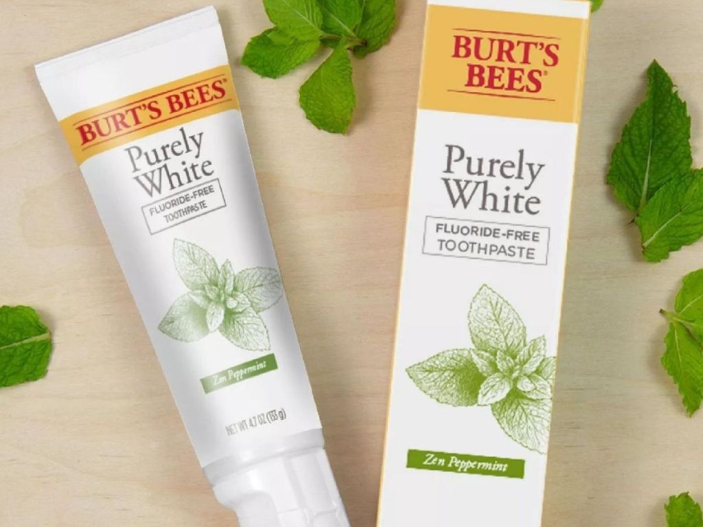 burt's bees toothpaste on a counter with leaves