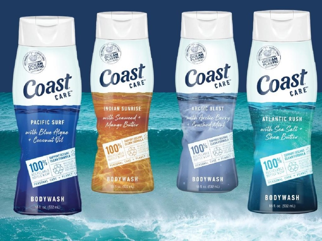 four bottles of body wash in different scents