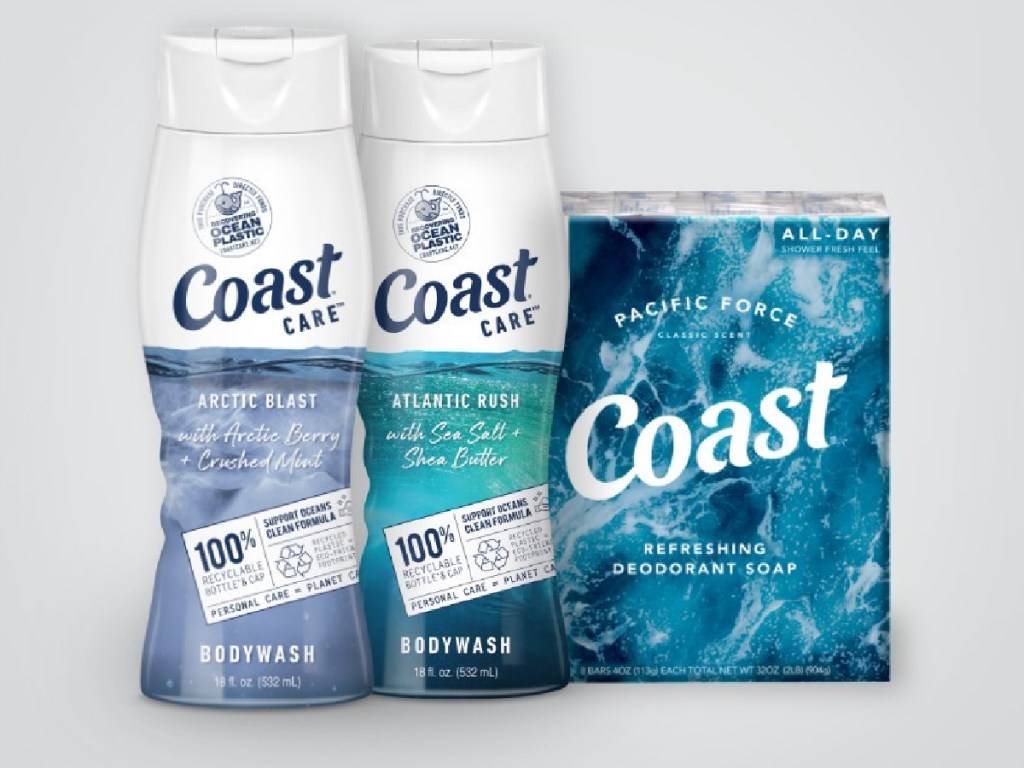 two bottles of body wash in different scents and pack of bar soap