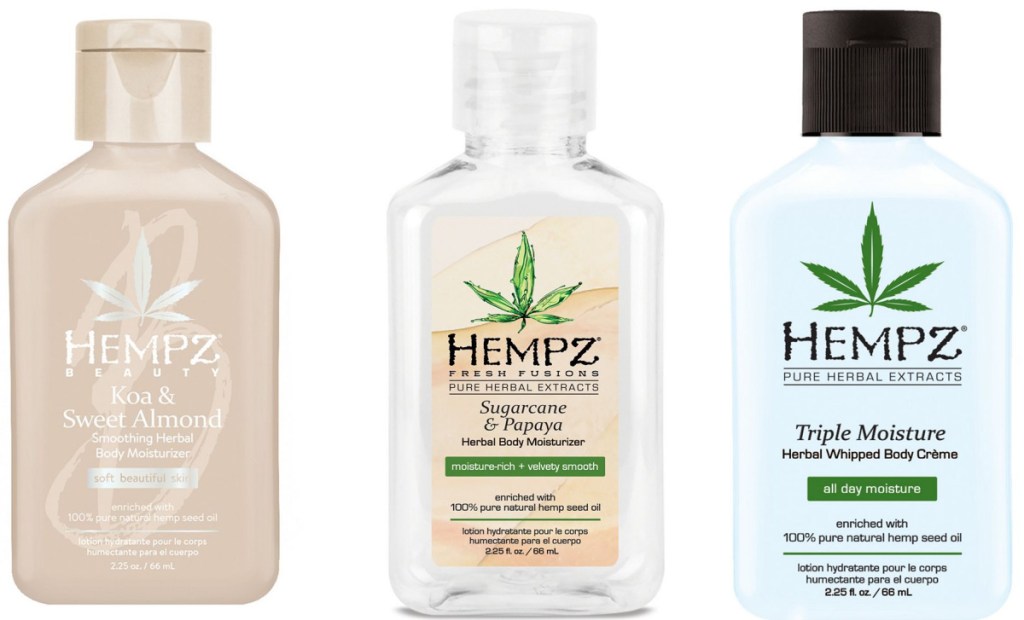 three travel sized bottles of Hempz lotion