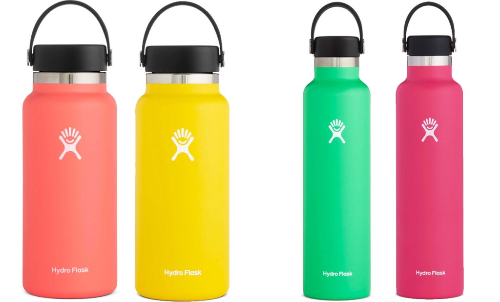 four hydro flask bottles in bright colors