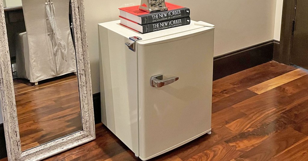 mini fridge on floor next to floor mirror