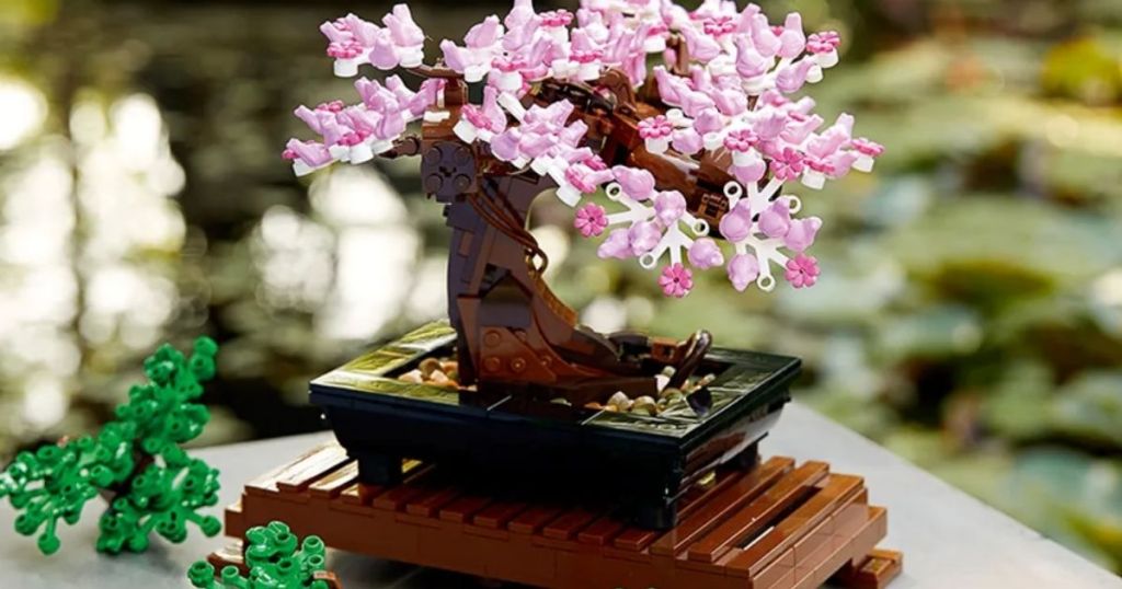 completed LEGO Bonsai Tree with pink flowers
