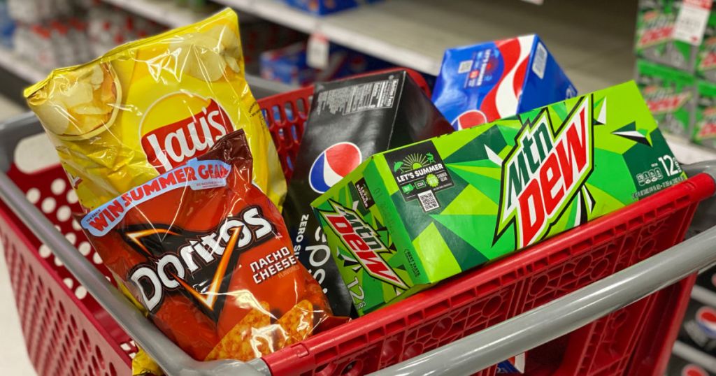 chips and soda in red cart