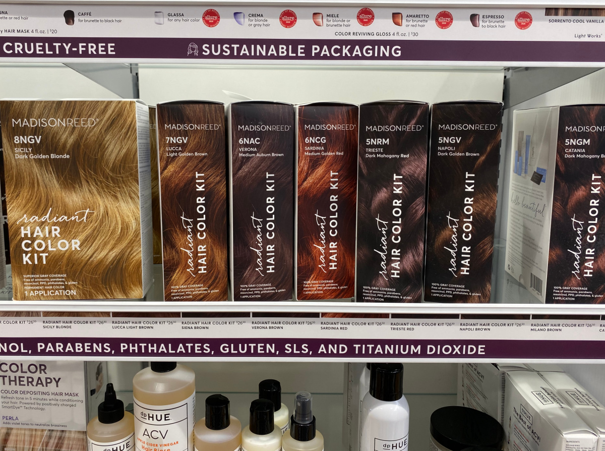 large in-store display of hair coloring kits