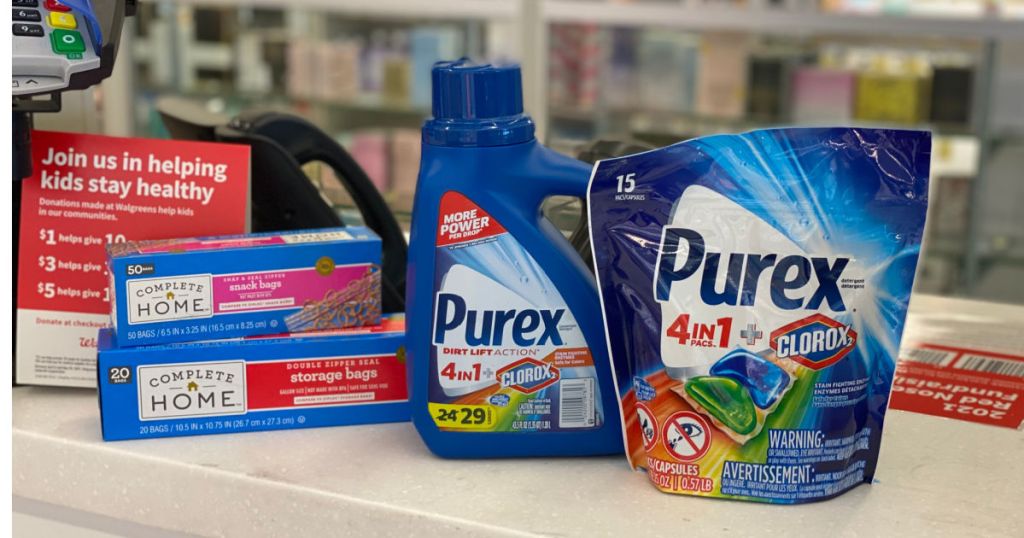 laundry detergent and storage bags on counter 