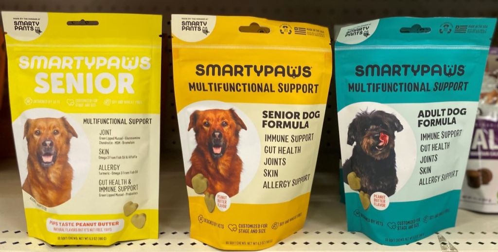 row of SmartyPaws dog supplements on a shelf at Target