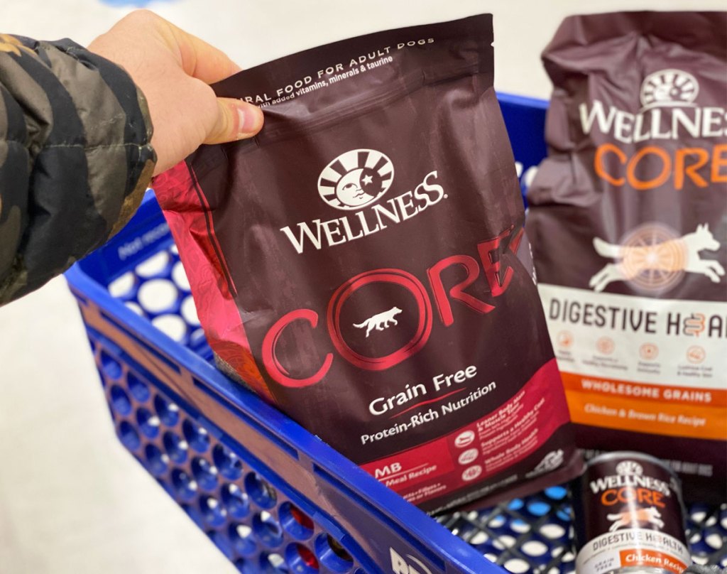 bags of dry dog food in shopping cart