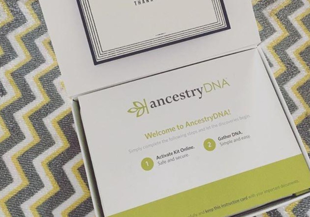 ancestry dna kit box on chevron blanket