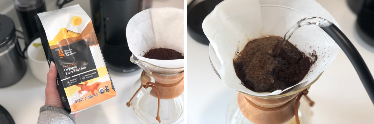 bag of coffee and chemex pour over coffee maker