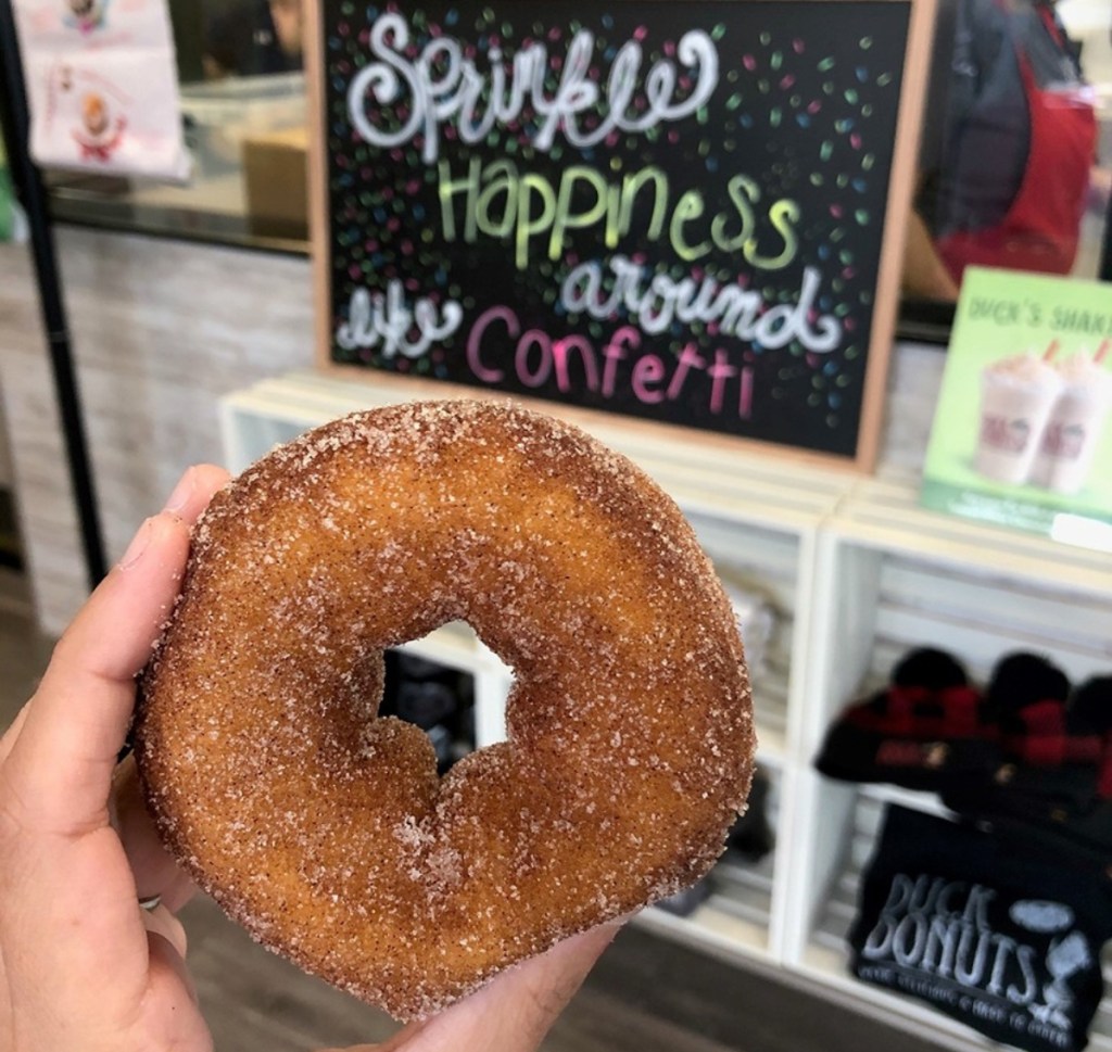 holding a cinnamon donut