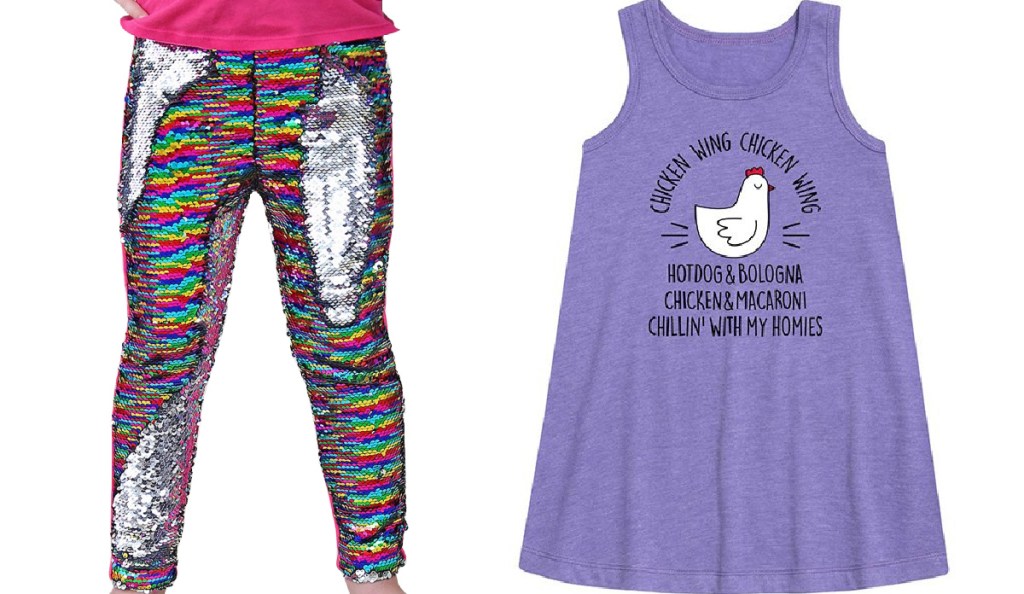 girls sequin leggings and chicken wing tee