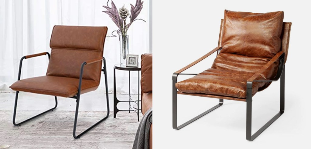 side by side stock photos of brown leather accent chair