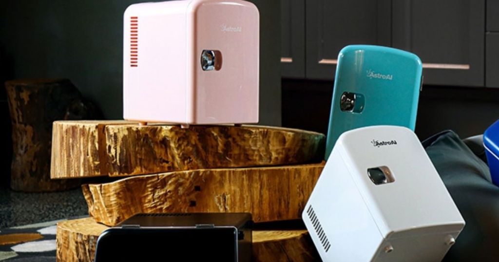 pink, teal and white mini fridges