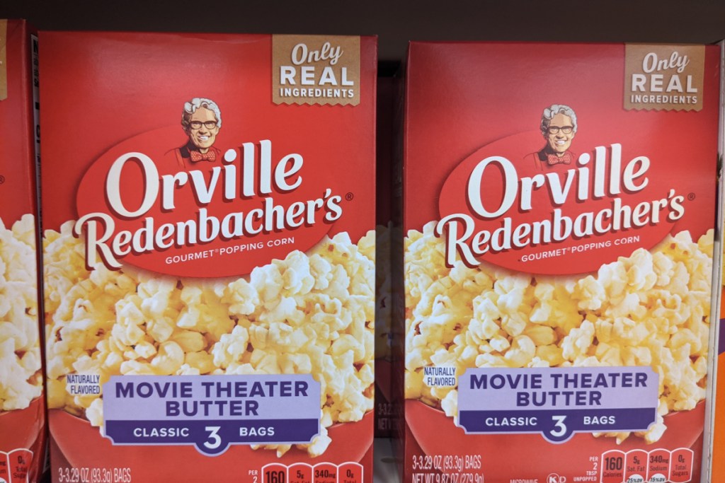 boxes of popcorn on store shelf