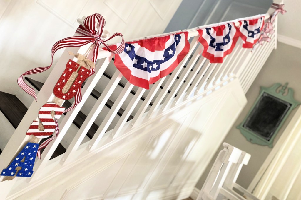 dollar tree American flag sign on banister