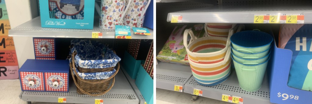 colorful baskets on store shelf with other summer decorations