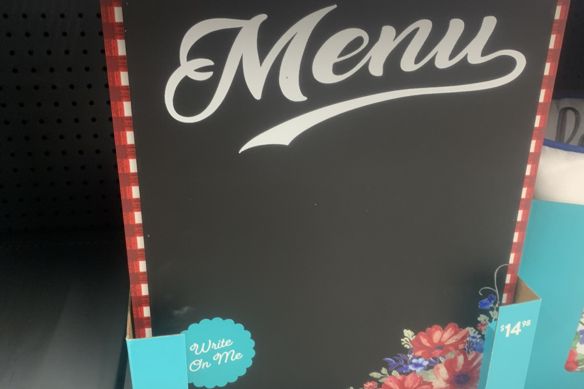 menu chalkboard sign on store shelf