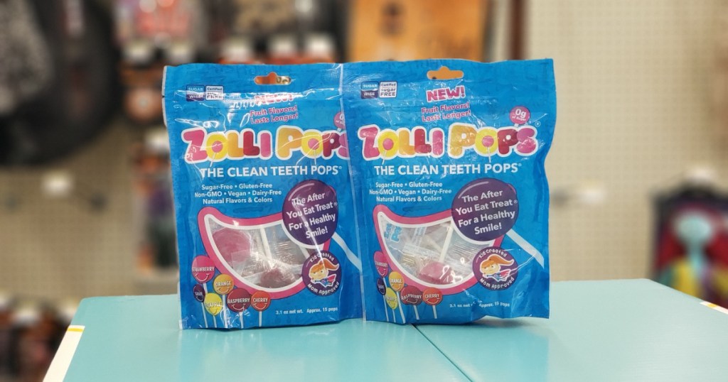 twp packages of zolli pops lollipops on a table