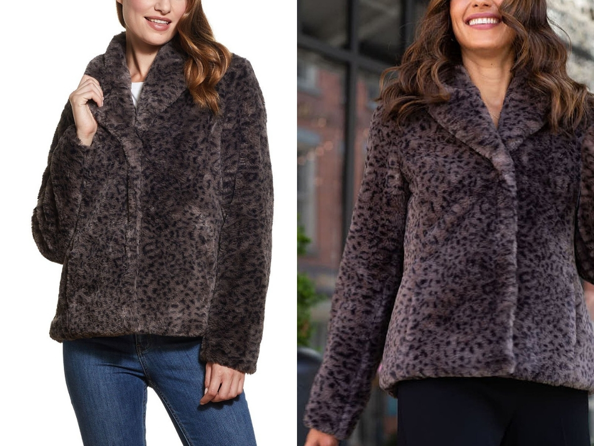 Weatherproof Gray & Black Leopard Faux Fur Jacket