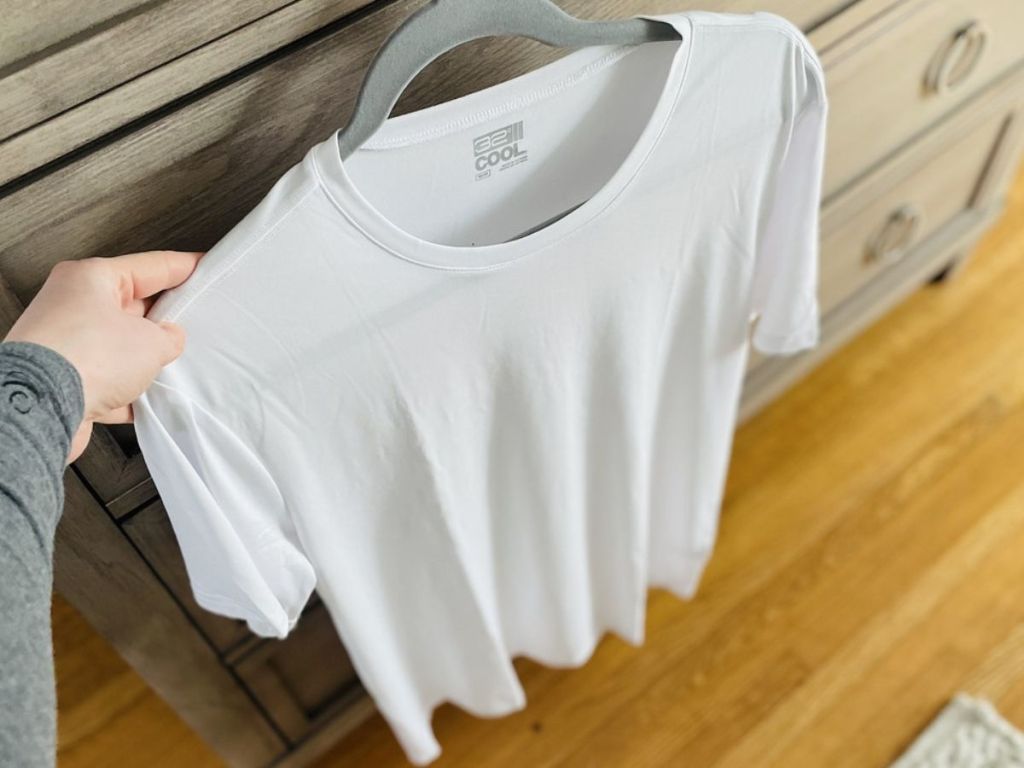 men's t-shirt hanging on hanger