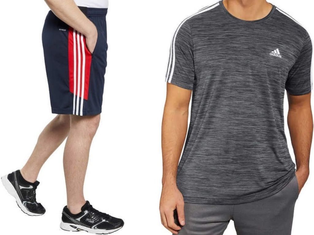 two men wearing adidas shorts and an adidas shirt