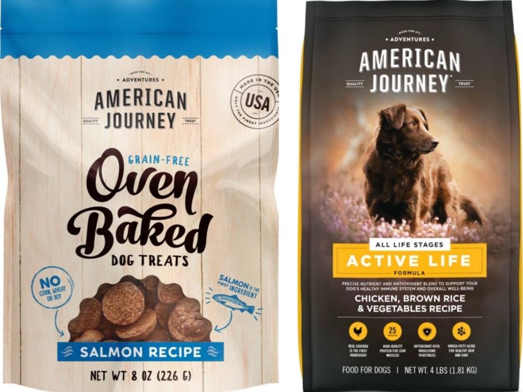 american journey dog treats and dry dog food bag