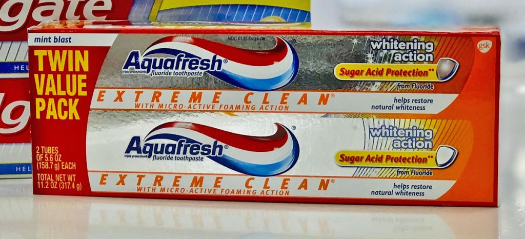 aquafresh toothpaste 2-pack on table